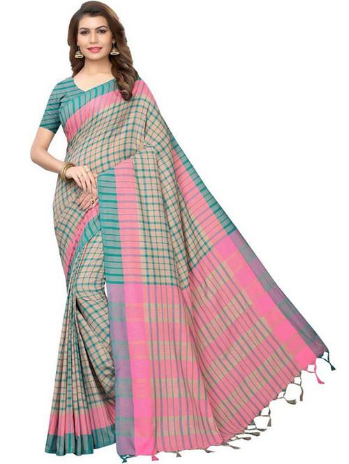 check printed saree with blouse - 18488090 - Very Small Image - 1