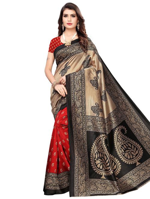 half & half printed saree with blouse - 18488729 - Very Small Image - 1
