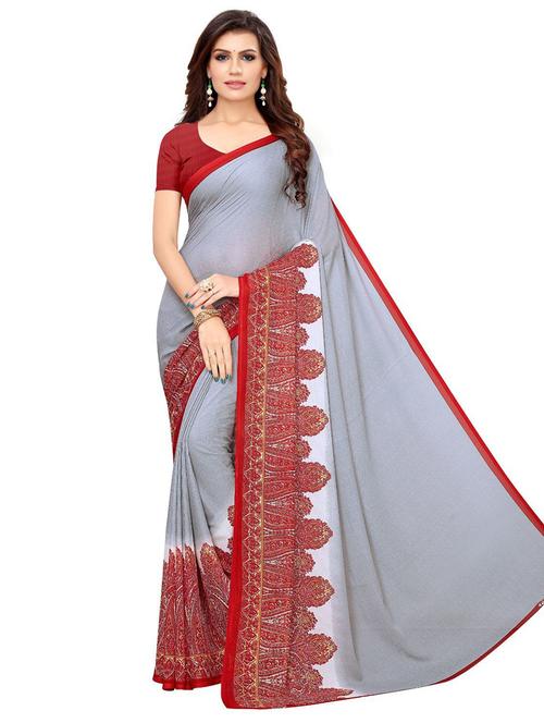 contrast bordered printed saree with blouse - 18488851 - Very Small Image - 1
