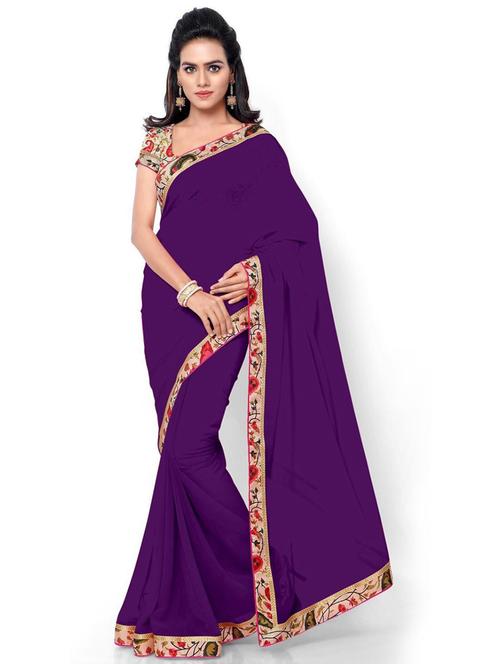 printed lace detailed solid saree with blouse - 18488919 - Very Small Image - 1
