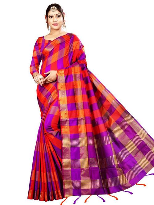 checkered woven saree with blouse - 18488924 - Very Small Image - 1