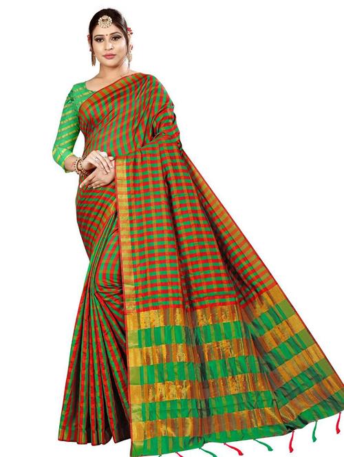 checkered printed saree with blouse - 18488930 - Very Small Image - 1