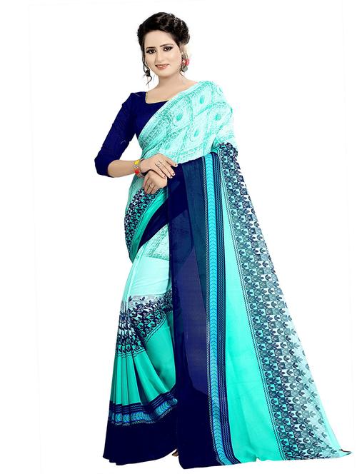 light blue printed saree with blouse - 18489037 - Very Small Image - 1