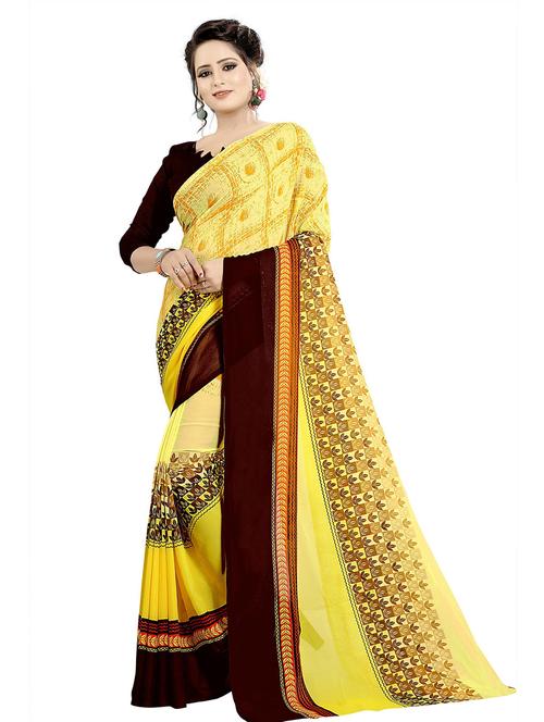 yellow printed saree with blouse - 18489049 - Very Small Image - 1