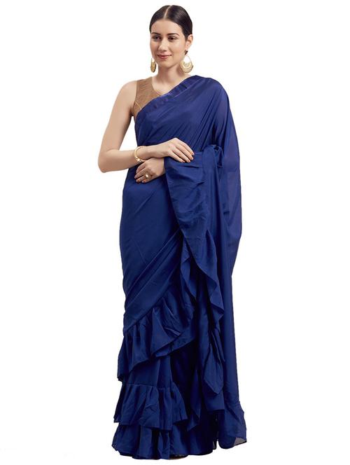 dark blue ruffle plain saree with blouse - 18492465 - Very Small Image - 1