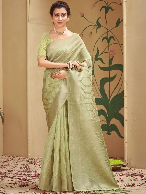 green organza saree - 18499382 - Very Small Image - 1