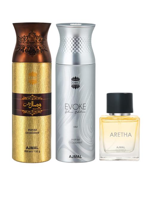ajmal evoke & wisal dhahab deodorant spray gift for men and aretha edp 50 ml for women (450 ml, pack of 3) - 18499625 - Very Small Image - 1