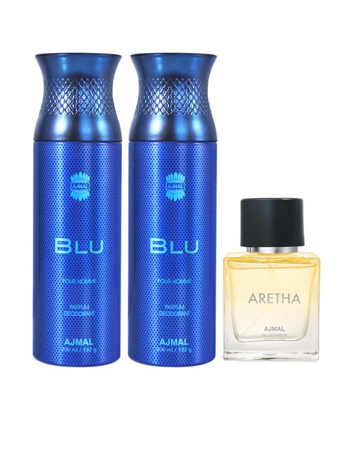 ajmal blu & blu deodorants gift for men each 200 ml and aretha edp 50 ml for women (450 ml, pack of 3) - 18499636 - Very Small Image - 1