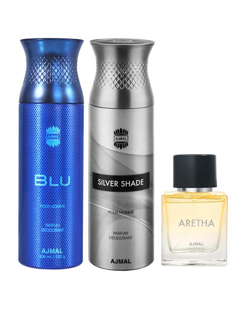 ajmal blu & silvershade deodorants gift for men each 200 ml and aretha edp 50 ml for women (450 ml, pack of 3) - 18499639 - Very Small Image - 1