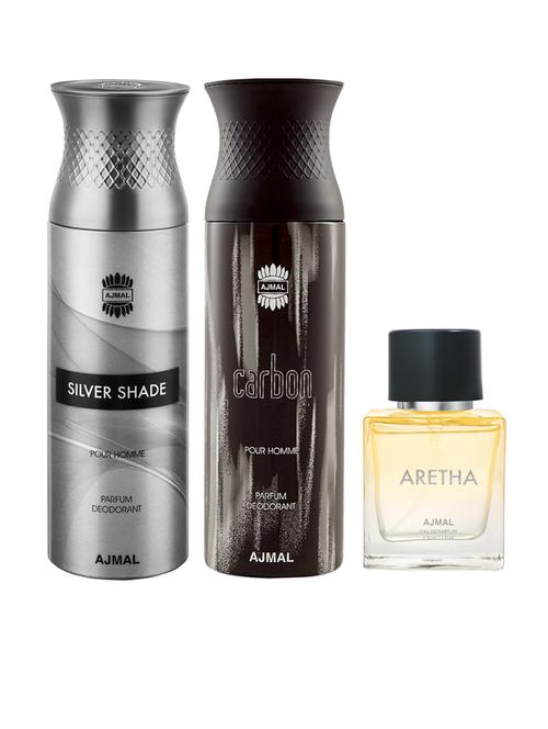 ajmal carbon & silvershade deodorants gift for men and aretha edp 50 ml for women (250 ml, pack of 3) - 18499644 - Very Small Image - 1