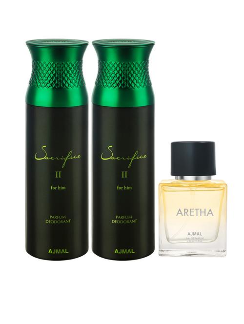 ajmal sacrifice ii him & sacrifice ii him deo gift for men each 200 ml and aretha edp 50 ml for women (450 ml, pack of 3) - 18499650 - Very Small Image - 1