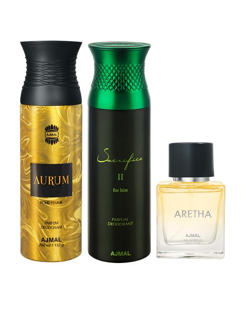 ajmal sacrifice ii him & aurum deodorants gift for unisex each 200 ml and aretha edp 50 ml for women (450 ml, pack of 3) - 18499657 - Very Small Image - 1