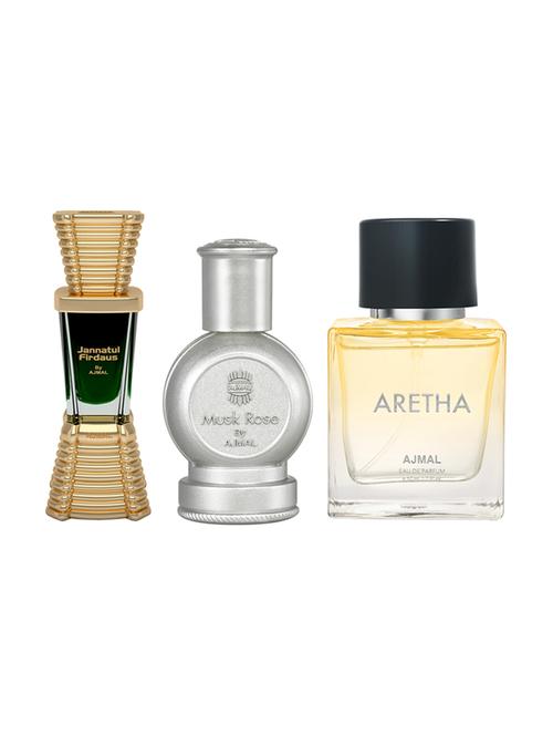 ajmal musk rose concentrated perfume 12ml for unisex and jannatul firdaus cp 10ml for unisex and aretha edp 50 ml for women - 18499663 - Very Small Image - 1