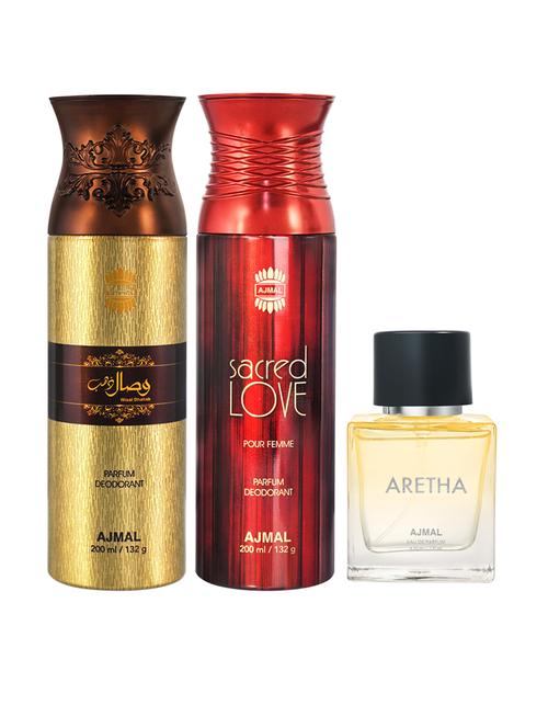 ajmal wisal dhahab & sacredlove deodorant spray gift for unisex each 200 ml and aretha edp 50 ml for women (450 ml, pack of 3) - 18499664 - Very Small Image - 1