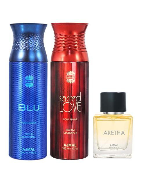 ajmal blu homme & sacredlove deodorant spray gift for unisex and aretha edp 50 ml for women (250 ml, pack of 3) - 18499687 - Very Small Image - 1