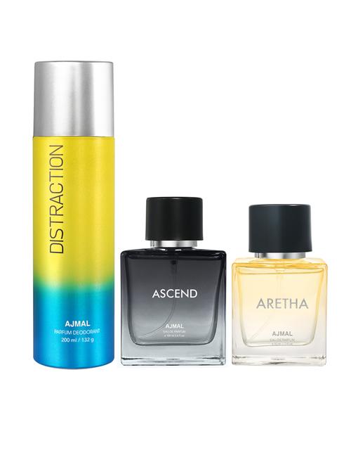ajmal ascend edp 100ml & distraction deodorant 200ml for unisex and aretha edp 50 ml for women combo pack of 3 (total 350ml) - 18499697 - Very Small Image - 1