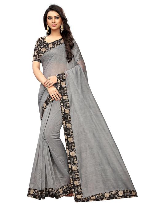 lace bordered solid saree with blouse - 18500379 - Very Small Image - 1