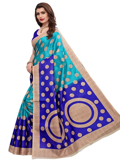 turquoise blue printed saree with blouse - 18501392 - Very Small Image - 1