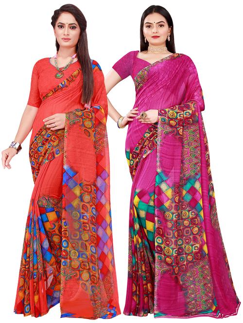 pack of 2 printed sarees with blouse - 18501848 - Very Small Image - 1