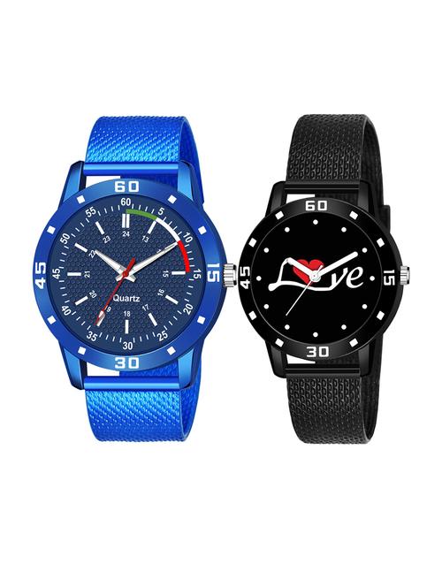 men watch 530 tricolour blue dial numeric case with women watch 3037 white love printed black dial numeric case - 18503714 - Very Small Image - 1