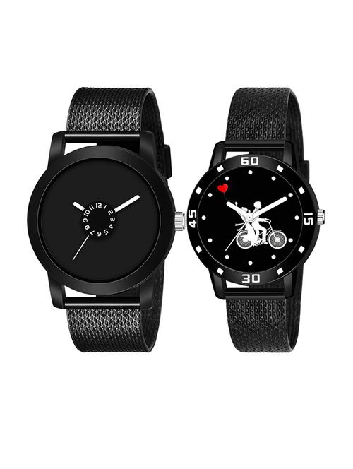 men watch 183 chakkri black matt case with women watch 3035 white couple with bike in black dial numeric case - 18503730 - Very Small Image - 1