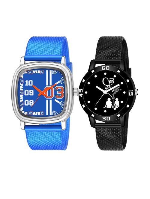 men watch 1242 two white stand line in blue rectangle dial unique case with women watch 3038 sitting couple in black dial - 18503767 - Very Small Image - 1