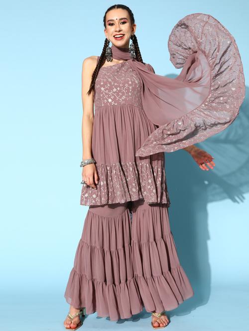 embroidered kurta sharara set with dupatta - 18509466 - Very Small Image - 1