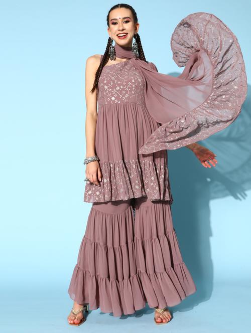 embroidered kurta sharara set with dupatta - 18509493 - Very Small Image - 1
