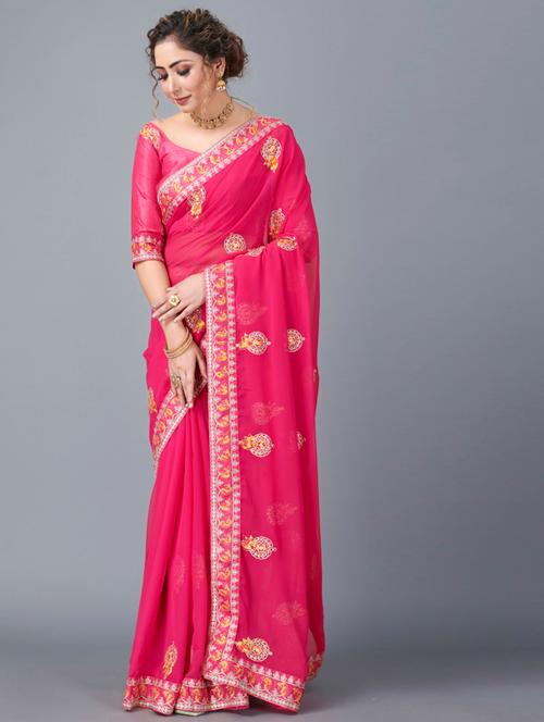 pink georgette embroidered saree with blouse - 18509842 - Very Small Image - 1