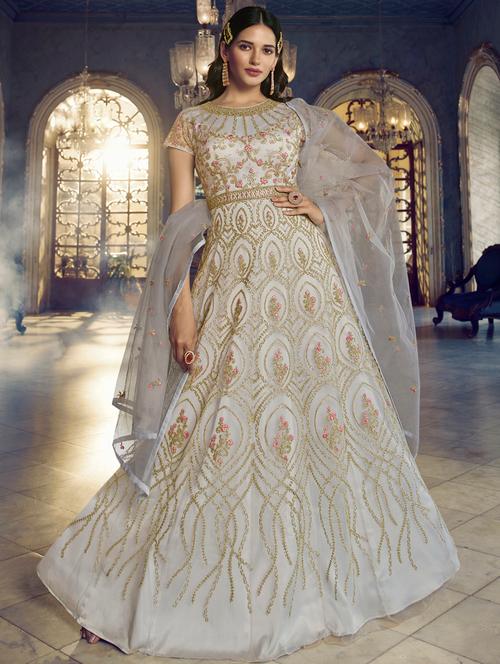 off-white anarkali semi-stitched suit - 18509975 - Very Small Image - 1