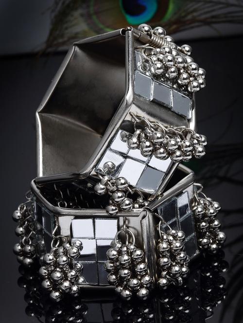 set of 2 silver toned hexagon mirror studded ghunghroo bangles - 18512793 - Very Small Image - 1