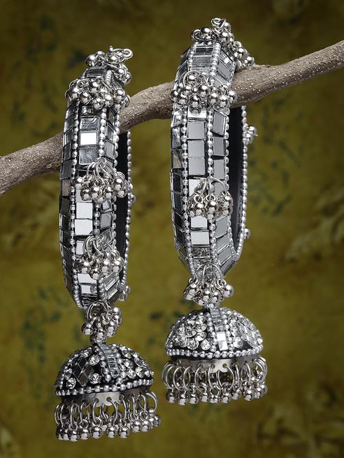 set of 2 oxidized mirror studded hanging dome bangles - 18512802 - Very Small Image - 1