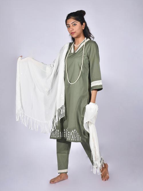 two piece cotton green kurta with - 18512914 - Very Small Image - 1