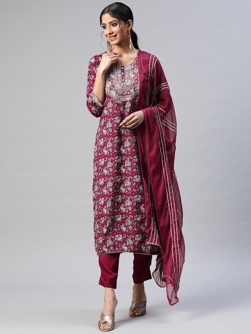 floral printed kurta pant set with dupatta - 18514591 - Very Small Image - 1