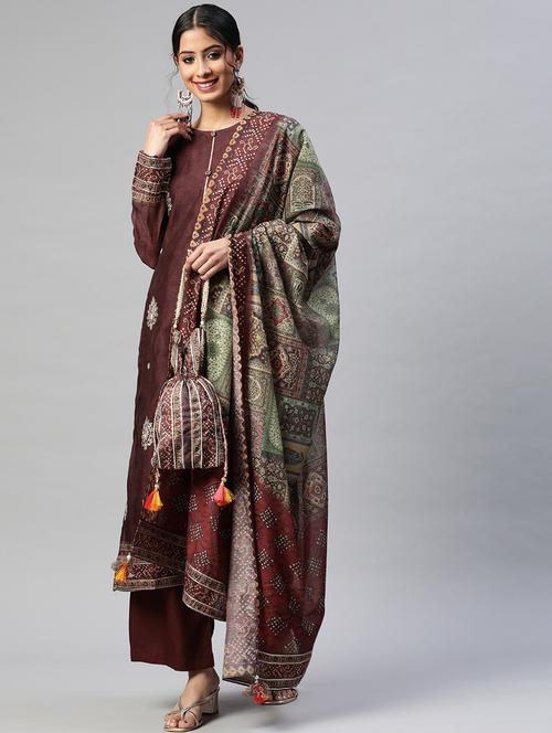 printed unstitched palazzo suit set - 18514803 - Very Small Image - 1