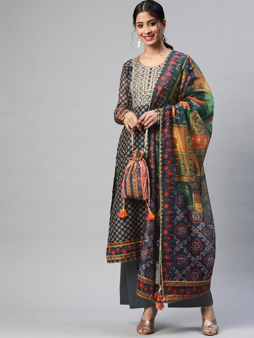 printed unstitched palazzo suit set - 18514809 - Very Small Image - 1