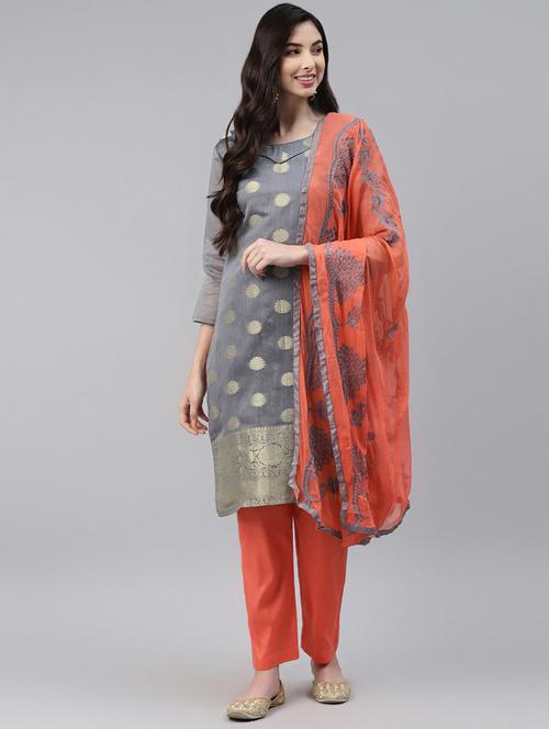 zari work unstitched straight pant suit set - 18515122 - Very Small Image - 1