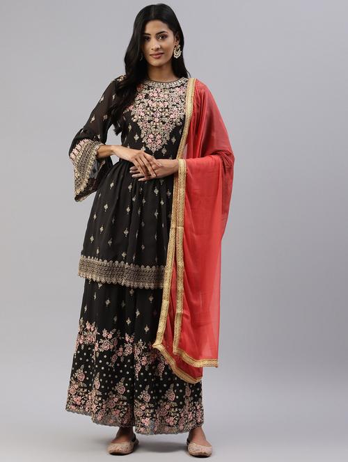embroidered unstitched sharara suit set - 18515131 - Very Small Image - 1