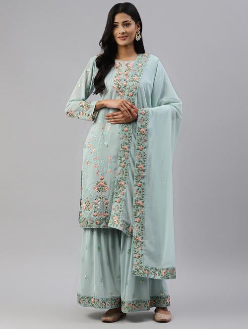 embroidered unstitched sharara suit set - 18515137 - Very Small Image - 1