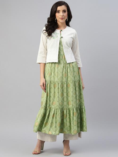 foil printed kurta with embroidered jacket - 18515768 - Very Small Image - 1