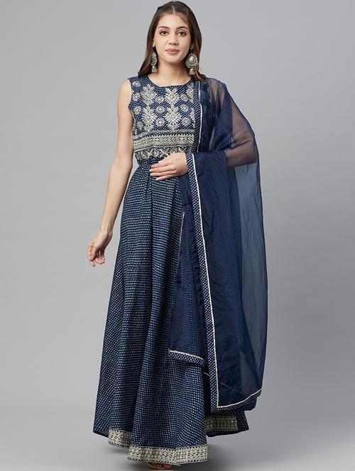 printed kurta with mirror and embroidery work and organza dupatta - 18515773 - Very Small Image - 1