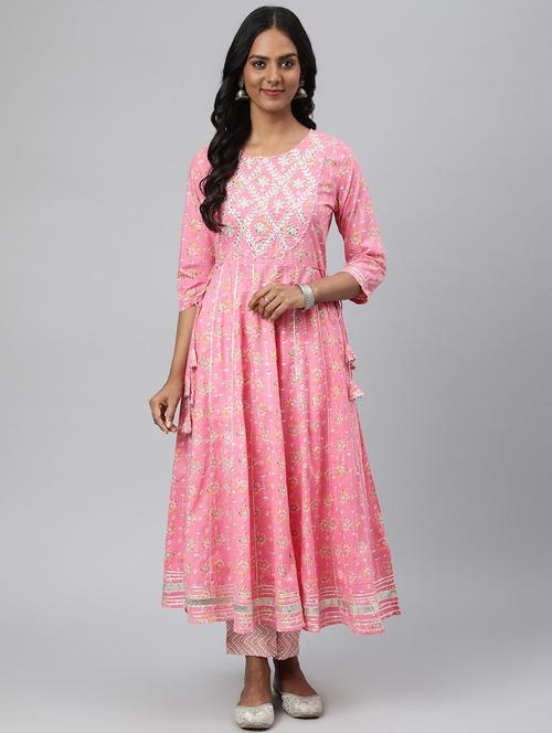 floral printed kurta pant with zari, mirror and gota work - 18518930 - Very Small Image - 1