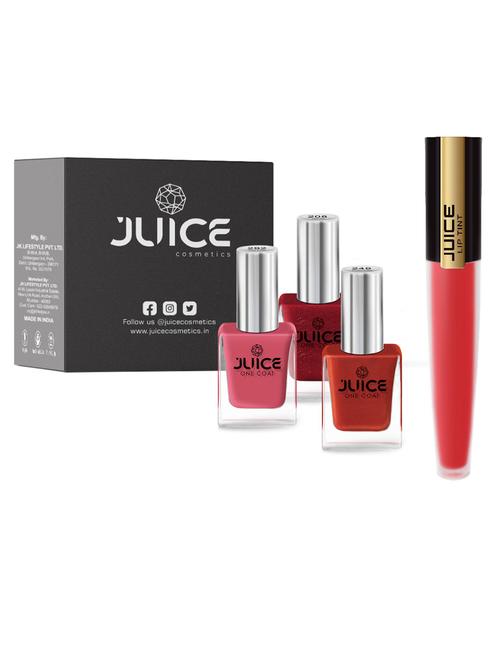 juice nail paint coral sunset - 292 golden orange - 249 firey red - 208, & liptint red punch m-24 pack of 4 - 18519815 - Very Small Image - 1