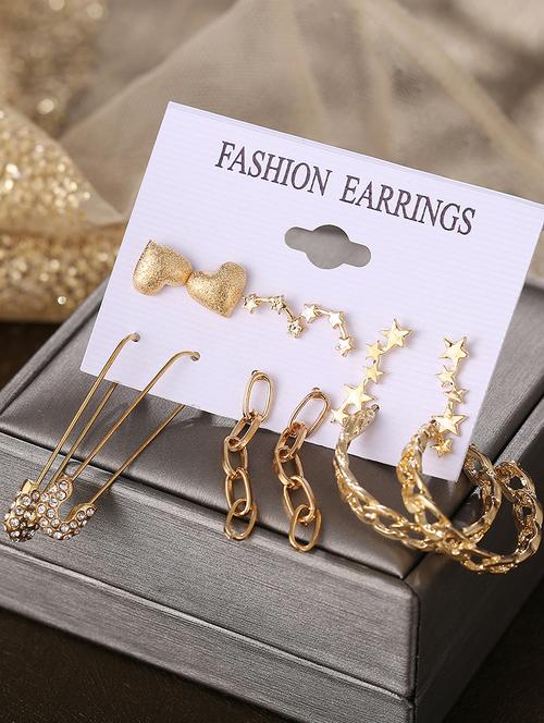 pack of 6 heart star studs and chain hoop earrings - 18522590 - Very Small Image - 1