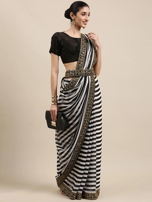 striped lace detailed saree - 18523893 - Very Small Image - 1