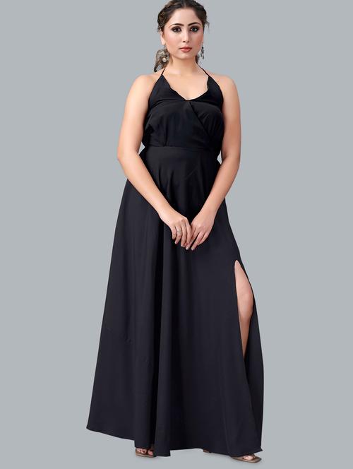 halter neck solid high slit dress - 18524340 - Very Small Image - 1