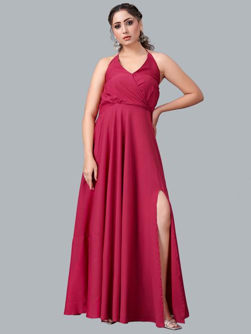 halter neck solid high slit dress - 18524342 - Very Small Image - 1
