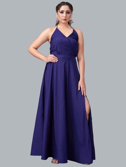 halter neck solid high slit dress - 18524343 - Very Small Image - 1
