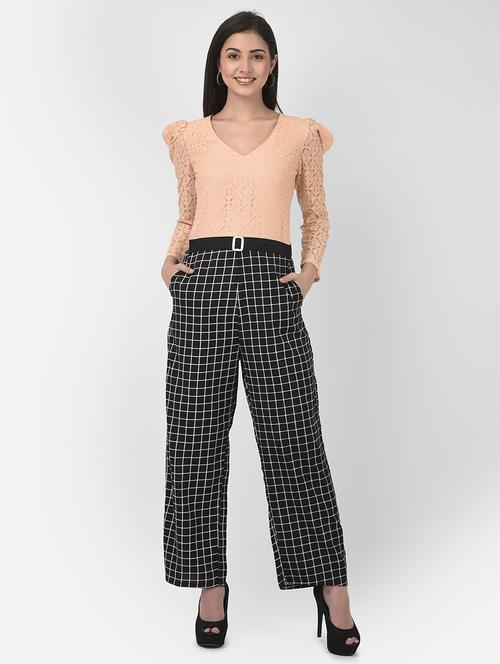 v-neck checkered full leg jumpsuit - 18524527 - Very Small Image - 1