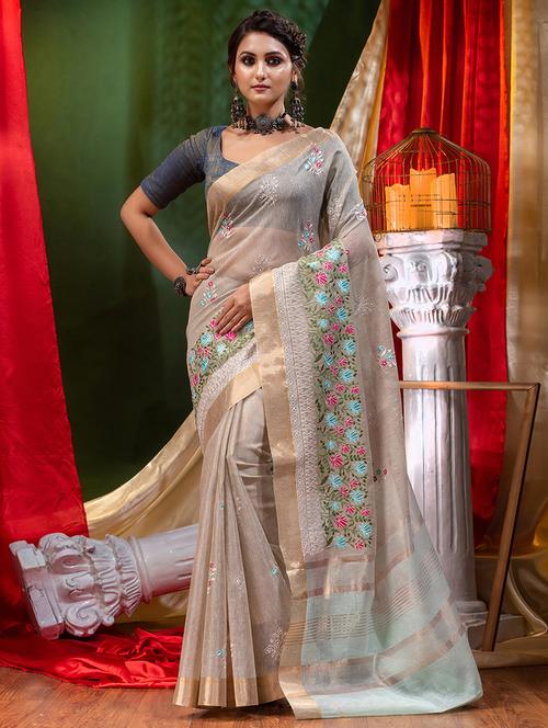 zari border embroidered saree with blouse - 18528664 - Very Small Image - 1